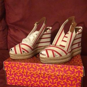 Flame Red Stripe Tory Burch wedge sling back